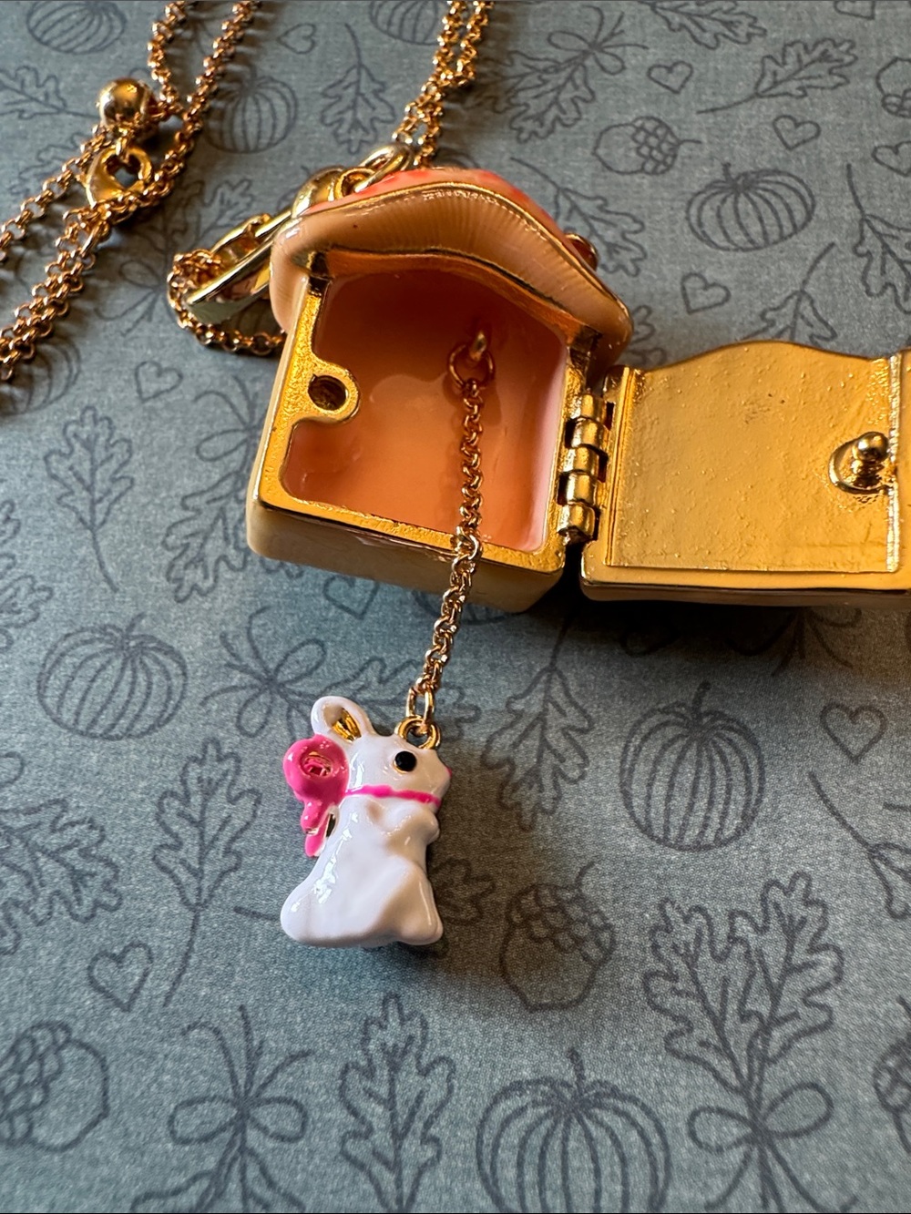 18K Gold Orange Mushroom House Cottagecore Pendant Locket Necklace - Picture 6 of 10